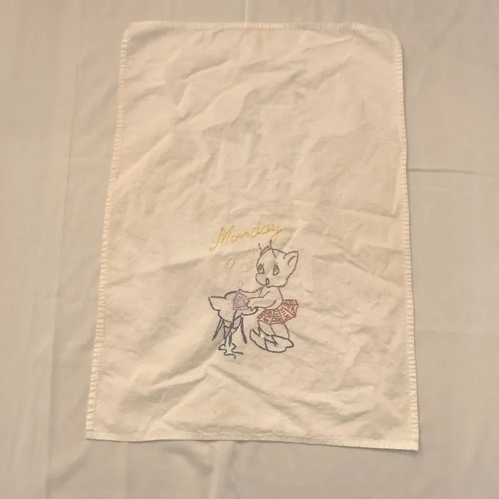 2 Dish Tea Towel Set Embroidered Days of the Week Pixie Elves Anthropomorphic